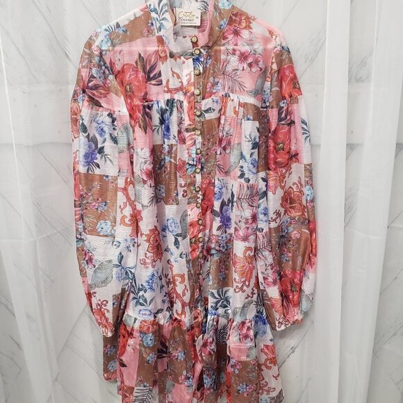 NWOT Cutely Covered Pink Floral Patchwork Boho High Neck Mini Dress Tunic 3X - Picture 9 of 12
